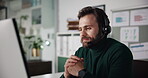 Computer, man and talking with headset in call center for client query, network resolution or help. Happy, tech support agent and speaking to inbound contact for troubleshooting and customer service