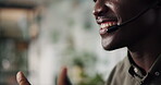 Mouth, black man and talking with headset in call center for product advice, lead generation or sales. Space, happy telemarketing agent or speaking to outbound customer for service promotion or offer