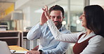 Business people, laptop and team with high five for trading plan, financial notes or discussion for good investment risk. Tech, feedback and agreement with stock market growth and trader profit
