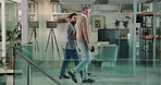 Collaboration, conversation and walking with business men in glass office for start of work. Arrive, gesture or teamwork with employee and mentor in corporate workplace for discussion or planning