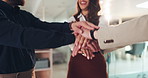 Business, hands stack and people with teamwork, target and support with staff synergy. Employees, gesture and group with cooperation, corporate goals and success with celebration and achievement