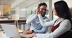 High five, meeting and business people on laptop in office for finance proposal, budget and stock bonus. Team, happy and man with woman celebrate for online report, feedback and financial review