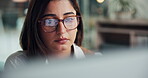 Computer, employee and woman with glasses in office, overtime or working late for financial analysis. Business, bookkeeper and person with tech for research, reflection and data for deadline or chart