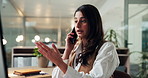 Phone call, computer and business woman talking at night for international networking in office. Female employee, working late and technology for contact, connection and service proposal at desktop