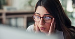Computer, stress and woman with glasses in office, overtime and working late for financial analysis. Frustrated, bookkeeper and person with tech for research, reflection and anxious for deadline