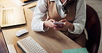 Business woman, hands and phone with typing with networking, text and online communication. Above, mobile message and social media browse in office for management with contact and typing at company