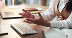 Hands, explain and business woman with video call, online seminar or upskill workshop with discussion. Person, computer with keyboard and gesture for virtual coaching or corporate training webinar
