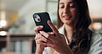 Hands, phone and texting at startup, office and contact for deal, proposal or notification at company. Person, smartphone and scroll on app with chat, networking or social media at creative agency