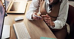 Business woman, hands and phone with scroll with networking, text and online communication. Desk, mobile message and social media browse in office for management with contact and typing at company