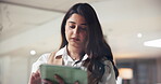 Business, reading or woman with tablet in office, deadline or online writing for publication agency. Website, night research or journalist with tech, critical thinking or editing for news article