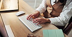 Hands, businesswoman and typing on computer at desk for news report, proofreading and blog upload. Above, journalist or tech at creative agency for source email, article development and editing story