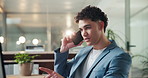 Businessman, discussion and phone call with computer in office for online advice or help. Man, consultant or employee talking on mobile smartphone for business negotiation or proposal in workplace