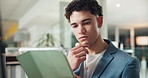 Businessman, thinking and night with tablet for trading, online investment or finance in office. Thoughtful, man or trader with technology or app for business decision, choice or option in workplace