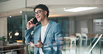 Happy, businessman or night with phone call in office for negotiation, conversation or advice. Man, consultant or employee talking on mobile smartphone in late evening for business discussion or chat
