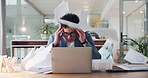 Businessman, stress and laptop with documents in air for overworked, pressure or anxiety in office. Frustrated man, employee or overwhelmed with headache, computer or paperwork for busy work or chaos