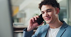 Phone call, happy and businessman in office with communication, connection or networking for career. Cellphone, smile and male magazine editor on mobile discussion for contact on article publishing.