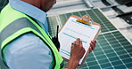 Solar panel, technician and writing on site with checklist, review or inspection for pv installation. Maintenance, clipboard or person with photovoltaic system, safety evaluation or quality assurance