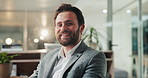 Face, finance and smile of business man in office for accounting or investment satisfaction. Corporate, financial and wealth management with happy employee in professional workplace for agency career