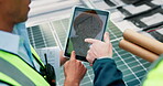 Engineering, tablet and people on roof with solar panels, planning and teamwork for green energy. Sustainability, collaboration and technician in city with tech, vision or maintenance for clean power