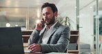 Feedback, laptop and phone call with business man in office for negotiation, planning or update. Computer, discussion and project management with employee speaking on mobile for review or strategy