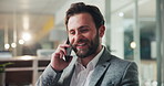 Feedback, phone call and smile with business man in office for negotiation, planning or update. Conversation, discussion and project management with happy employee speaking on mobile for review