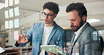 Businessmen, teamwork and writing at glass with tablet, marketing or planning in office. Project management, advice and people with ideas, digital app or collaboration for research strategy on window