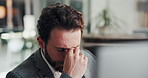 Eye strain, glasses and headache with business man at work on computer for burnout or stress. Brain fog, eyewear and pain with frustrated employee in professional workplace for fail or mistake