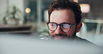 Office, businessman and smile with computer for reading, investment review and finance report at night. Glasses, person and financial advisor with tech for risk management, budget growth and overtime