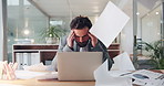 Business man, chaos and laptop with headache in office, falling papers and pressure with financial debt. Employee, investor and person in workplace, documents in air and tired with migraine and pain