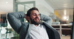 Computer, finance and relax with business man in office for accounting or investment satisfaction. Financial, hands behind head and smile of happy employee at desk in workplace for agency career