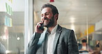 Phone call, smile and storyboard with business man in office for negotiation, planning or update. Discussion, glass wall and project management with happy employee speaking on mobile for review