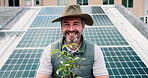 Face, solar panel and man with smile, plants and ecology with renewable energy, pride and infrastructure. Eco friendly, farmer and mature person with sustainable future and photovoltaic technician