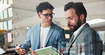 Businessmen, teamwork and discussion at glass wall with tablet, marketing or planning in office. Project management, advice and people with ideas, digital app or collaboration for research strategy
