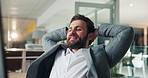 Computer, break and finance with business man in office for accounting or investment satisfaction. Financial, hands behind head and relax with happy employee at desk in workplace for agency career