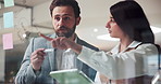 Business, teamwork and pointing at glass wall with tablet, marketing or idea planning in office. Project management, man and woman with sticky note, digital app or collaboration for research strategy