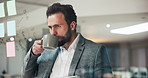Businessman, coffee and schedule planning with sticky note on glass board for agenda or night project. Man, employee or planner with technology, ideas or thinking for mindmap or brainstorming work