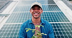 Face, solar panel and man with smile, plants and agriculture with renewable energy, pride and eco friendly. Outdoor, happy farmer and person with sustainable future, clean power and environment