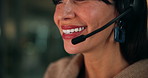 Night, call center and woman with headset, mouth and smile with help desk, conversation and contact us. Evening, closeup and person in workplace, customer service and consulting with online advice