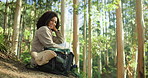 Face, hiking and woman in forest, smile and relax with adventure, sightseeing and explore. Outdoor, hiker and happy person in woods, environment and nature with weekend break, travel and tourism