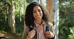 Happy woman, face and hiker with bag in forest for natural sightseeing, journey or adventure. Portrait, female person or smile with hiking backpack for trekking or outdoor exploration in nature