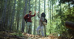 Hiking, high five and couple in forest, fitness and adventure with wellness, trekking and support. Outdoor, hikers and man with woman, environment or journey with help, travel or challenge with goals