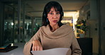 Face, video call and woman with document in call center, telemarketing and explain service at night. Happy, representative and mature person with paperwork for sales, working late and lead generation