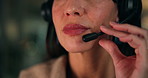 Night, customer service and woman with headset, mouth and contact us with help desk, talking and crm. Evening, closeup and person in office, call center and consulting with online advice and faq