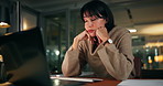 Night, tired and woman in office with laptop, overtime fatigue and burnout in finance company. Exhausted, working late and female person in workplace with computer, audit deadline and pressure. 
