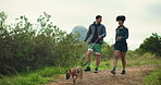 Hiking, fitness and couple with dog in nature for exercise, adventure or workout together. Bonding, outdoor and man with woman for trekking on mountain with puppy, animal or pet in morning for healh.