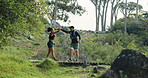 Team, fitness and high five with couple in nature for exercise, trekking adventure and support. Workout, motivation and training with man and woman on forest trail for runner partner and cardio