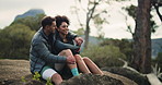 Happy, relax and couple on mountain for hike on holiday, adventure or weekend trip together. Smile, love and man hugging woman on break for trekking in nature on romantic vacation or getaway.