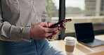 Hands, business and person with phone in office for research, contact source and confirm schedule. Journalist, reading and mobile app of editor feedback, fact check and online questions for interview