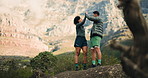 Hiking, high five and couple with fitness, travel and support with challenge, environment and nature. Outdoor, gesture and man with woman, achievement and relationship with goals and bonding together