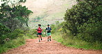 Workout, couple and running exercise on path together for outdoor fitness, challenge and benefits. Runner, man and woman in mountain for health, wellness and marathon training with cardio in nature.